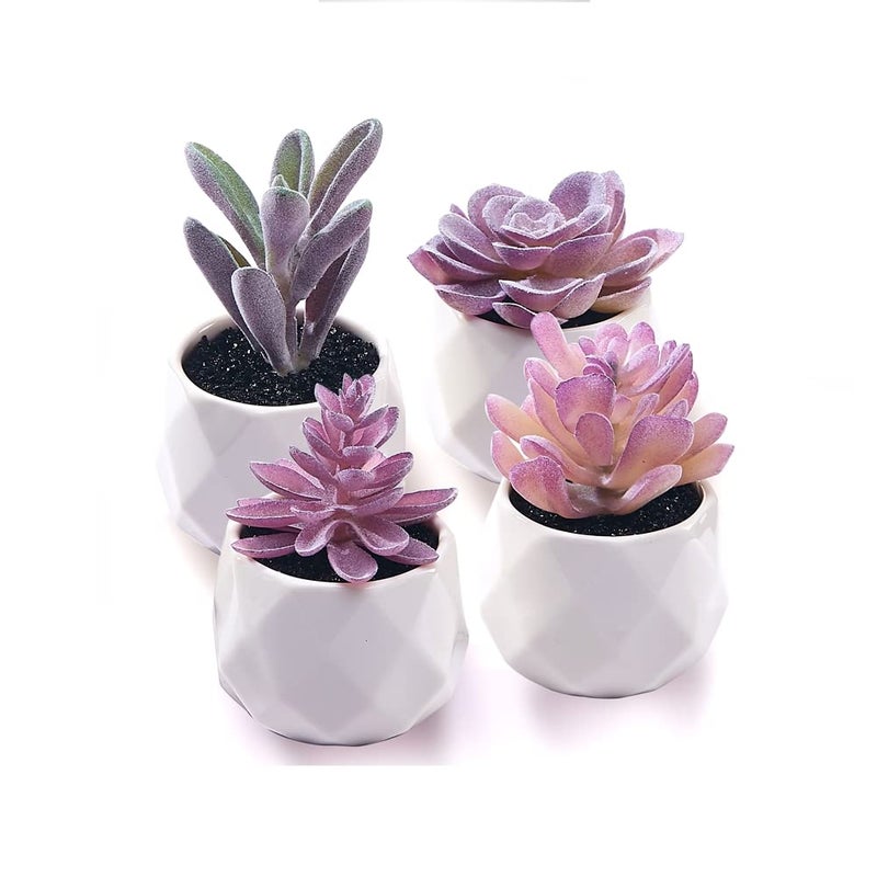CADNLY Fake Succulent Plant Set - Artificial Desk Plants for Women Desk - Realistic Faux Succulents in Ceramic Pots - Mini Purple Decor for Bedroom Bathroom Office Shelf 4 Pack - Image 1